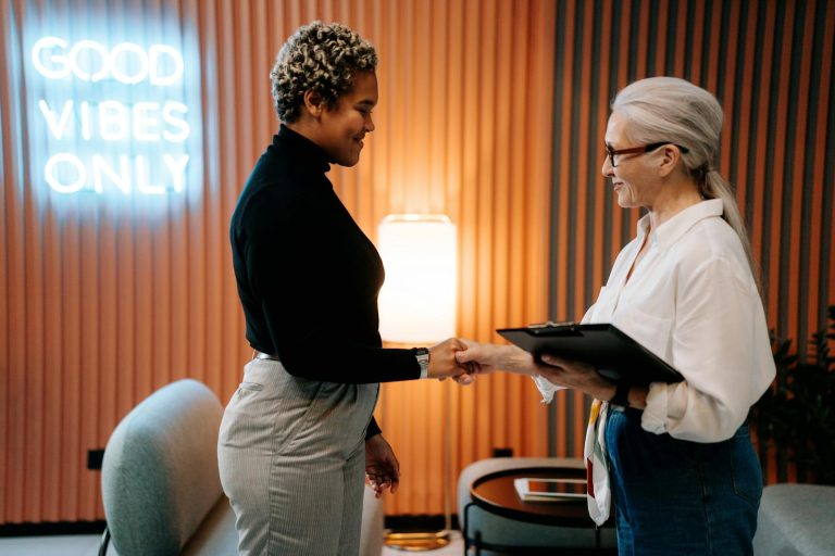 Woman having a meeting with mediator to discuss her case